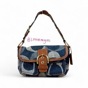 Coach Mega Signature Denim Soho  Shoulder Bag Indigo Brown Leather